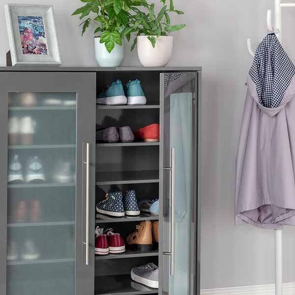 A grey coloured shoe cabinet with gloss finish with indoor plants and a picture frame on it. 